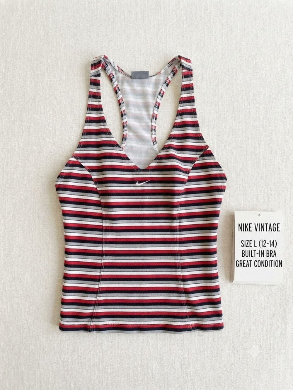 Nike Vintage Striped Racerback Tank Top with Built-In Bra L 12-14